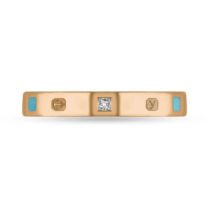 18ct Rose Gold 0.05ct Diamond Turquoise King's Coronation Hallmark Princess Cut 3mm Ring