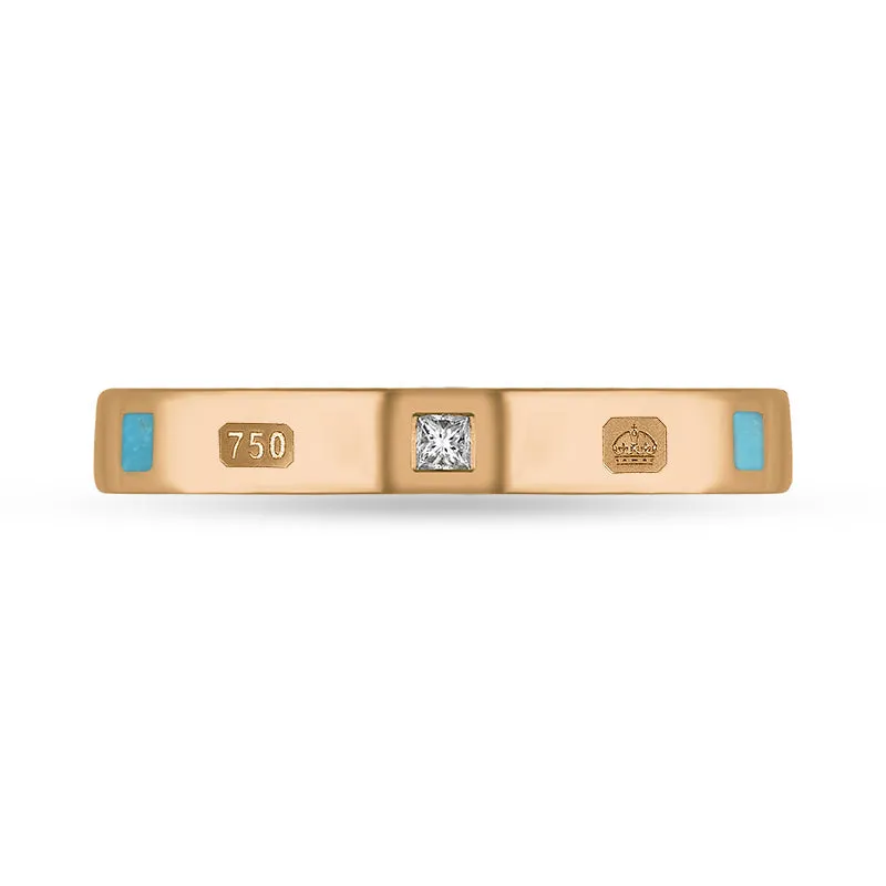 18ct Rose Gold 0.05ct Diamond Turquoise King's Coronation Hallmark Princess Cut 3mm Ring