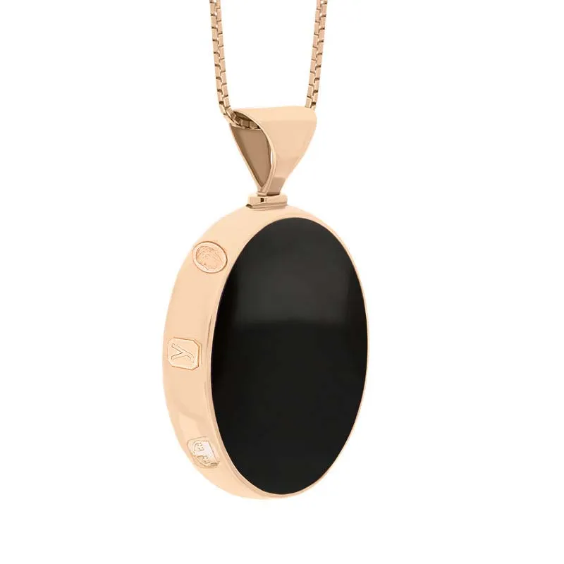 18ct Rose Gold Whitby Jet Malachite King's Coronation Hallmark Double Sided Oval Necklace