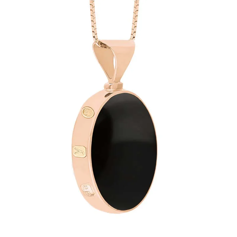 18ct Rose Gold Whitby Jet Mother of Pearl King's Coronation Hallmark Double Sided Oval Necklace