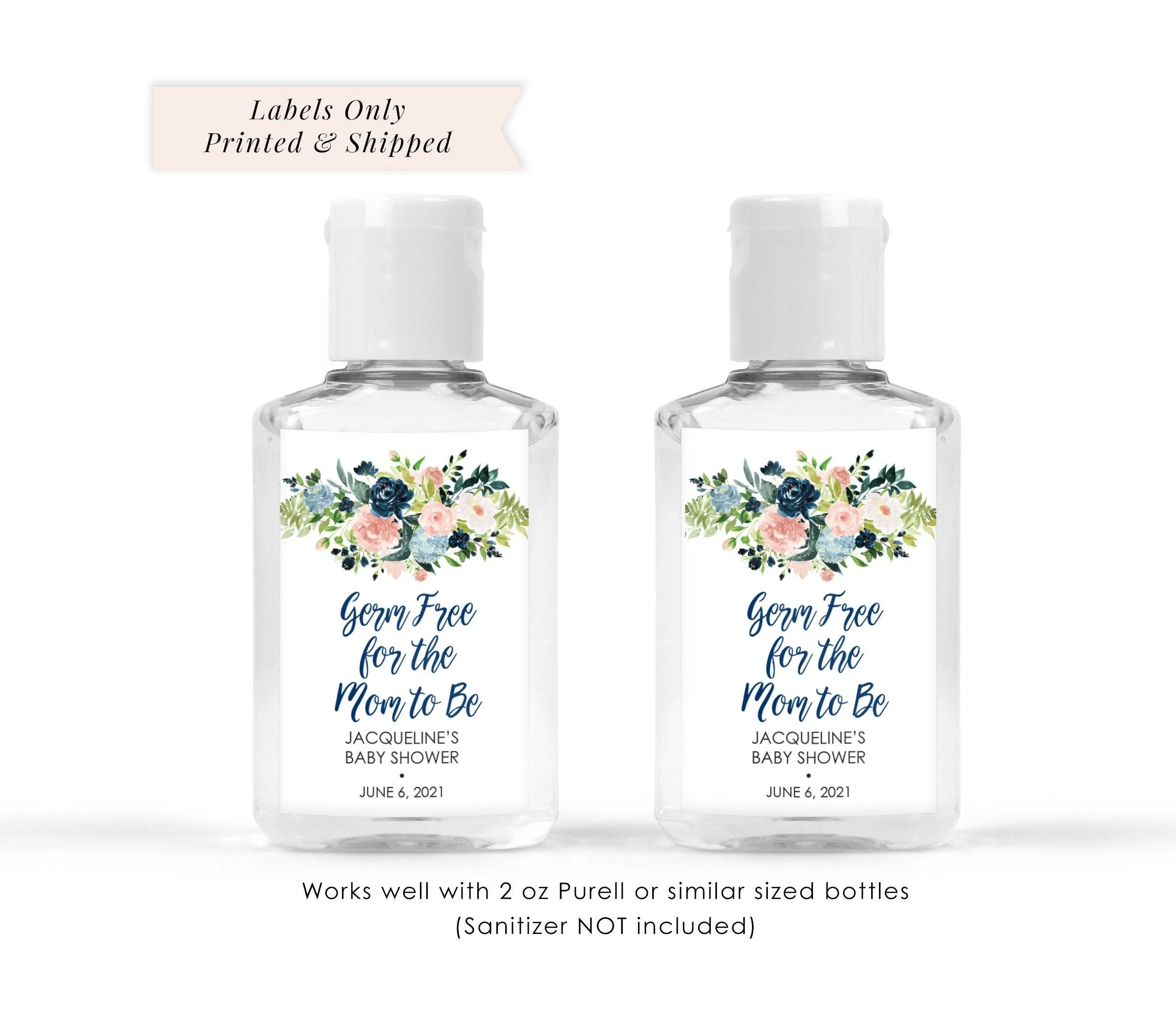 Baby Shower Hand Sanitizer Labels Navy Blue Pink Floral Baby Shower Favor 2oz   Labels Germ Free For The Mom To Be - Set of 20 Labels