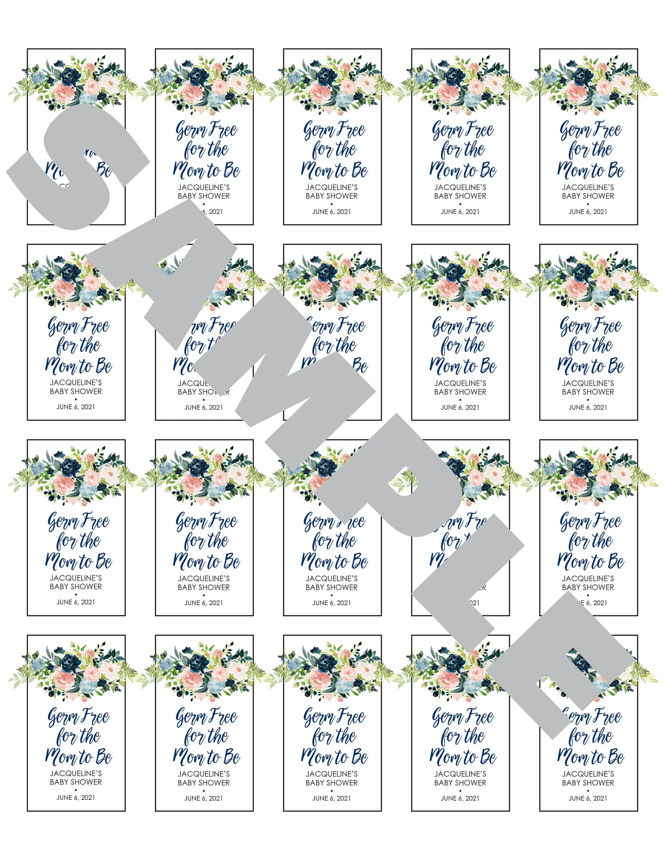 Baby Shower Hand Sanitizer Labels Navy Blue Pink Floral Baby Shower Favor 2oz   Labels Germ Free For The Mom To Be - Set of 20 Labels