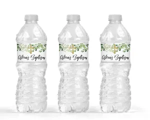 Baptism Water Bottle Labels Greenery Leaves Baptism Decorations Waterproof Bottle Wraps, Baby Christening - Set of 10