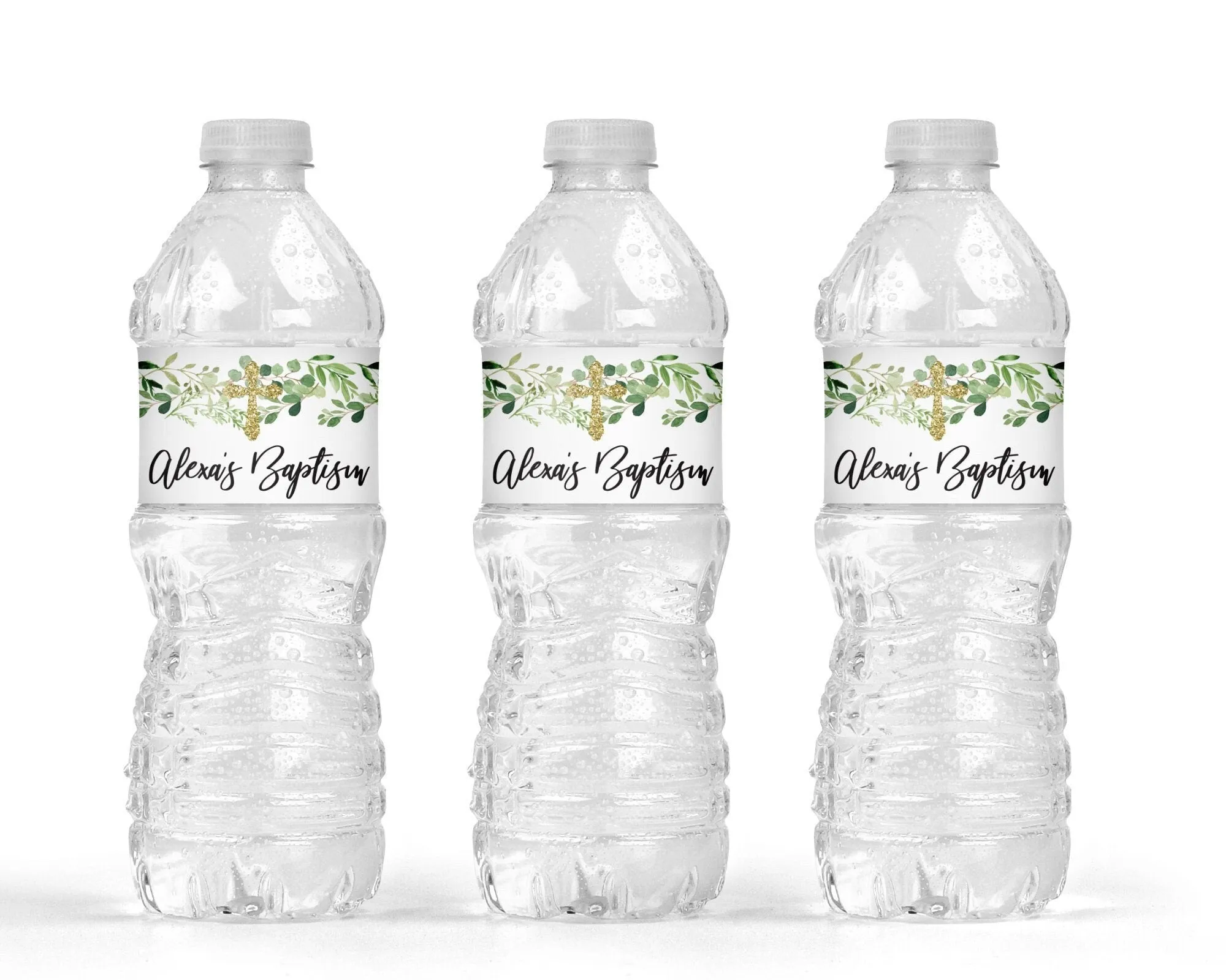 Baptism Water Bottle Labels Greenery Leaves Baptism Decorations Waterproof Bottle Wraps, Baby Christening - Set of 10