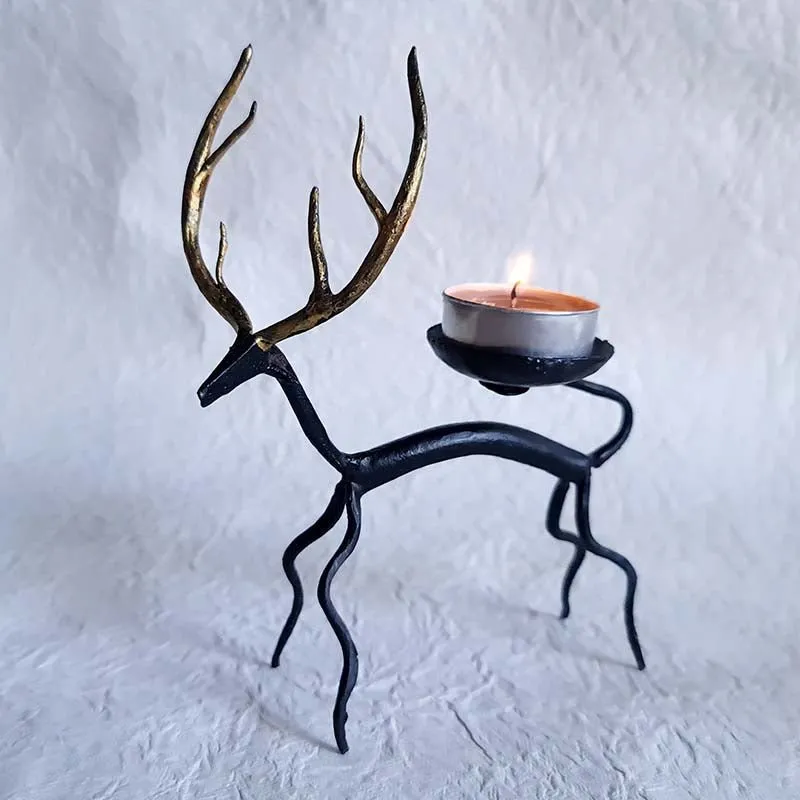 Bastar Handmade Wrought Iron Golden Deer Tealight Holder (Set of 2)