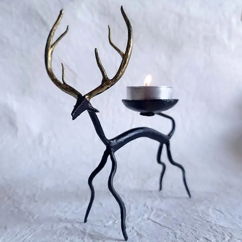 Bastar Handmade Wrought Iron Golden Deer Tealight Holder (Set of 2)