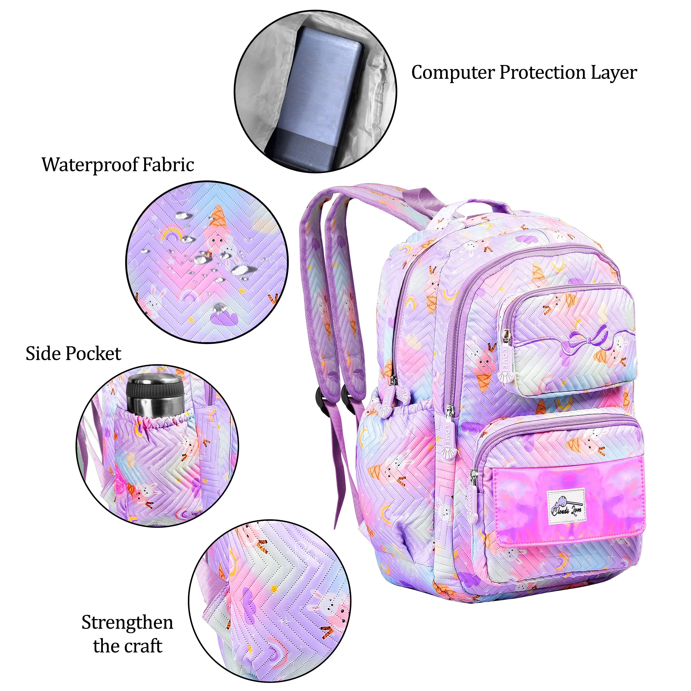 Clouds Love School Bag for Girls Kids Stylish Waterproof Girls School Bag Fashionable Large Capacity School Backpack for Girls Gift School Bag for Kids Girls (6-12 Years Old)Purple