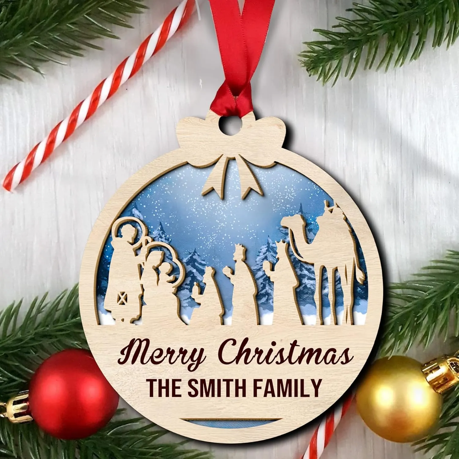 Custom Family Christmas Nativity of Jesus Wood Layered Ornaments - Personalized Ornaments for Christmas Tree Decorations