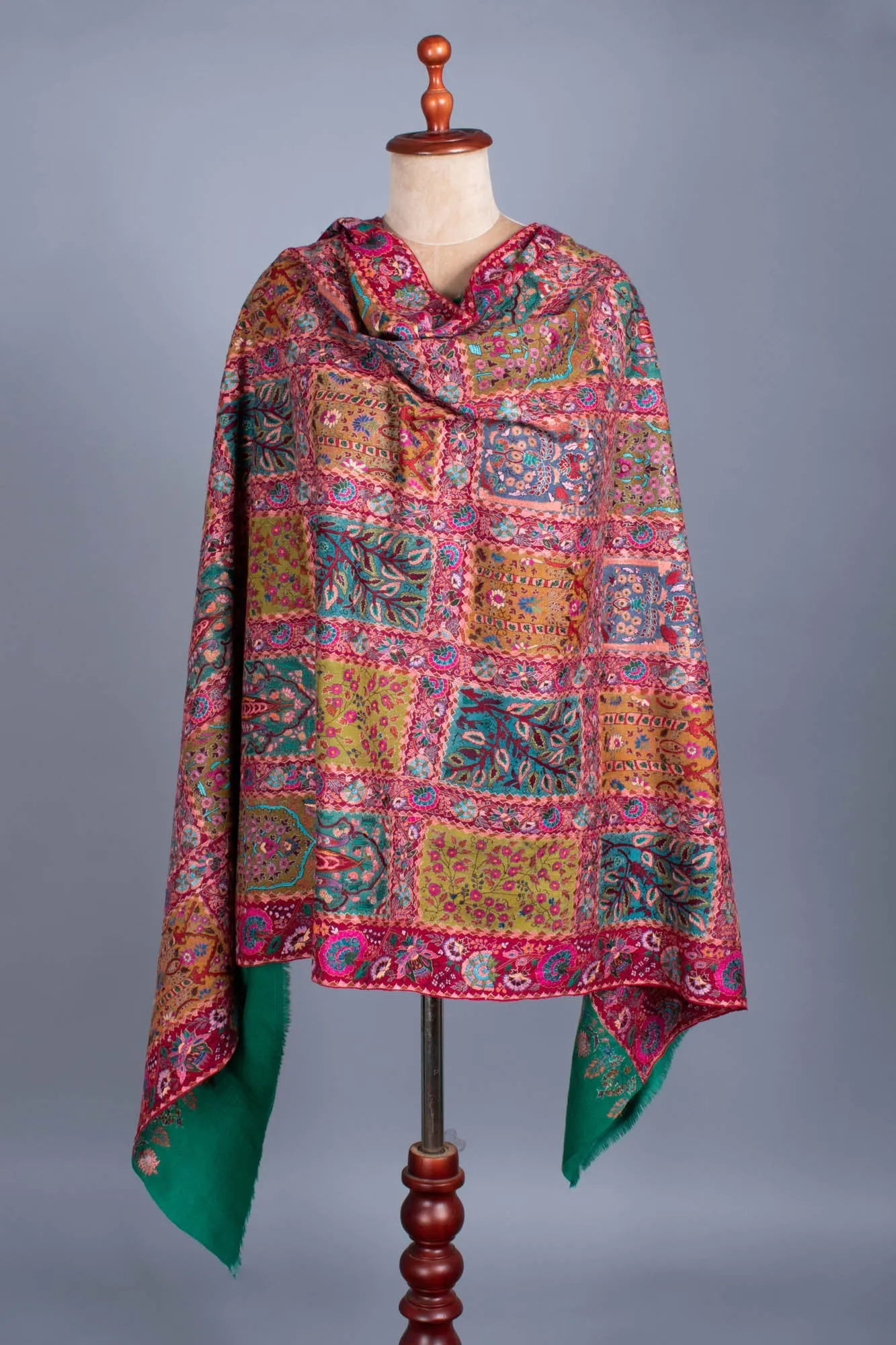 Green Red Artistic Wedding Jamavar Shawl - SUZANNE