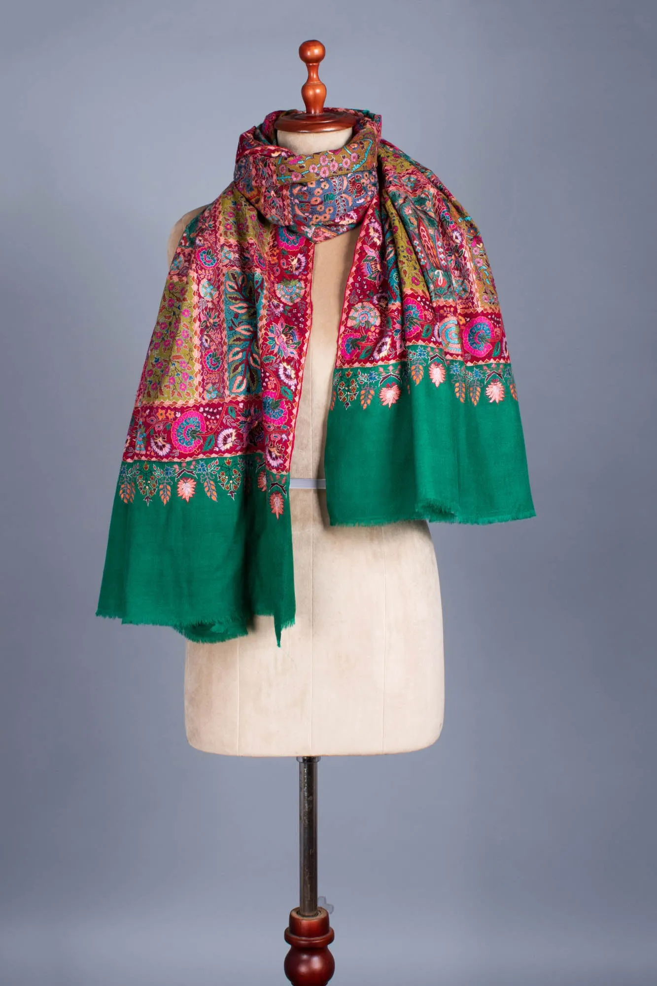 Green Red Artistic Wedding Jamavar Shawl - SUZANNE