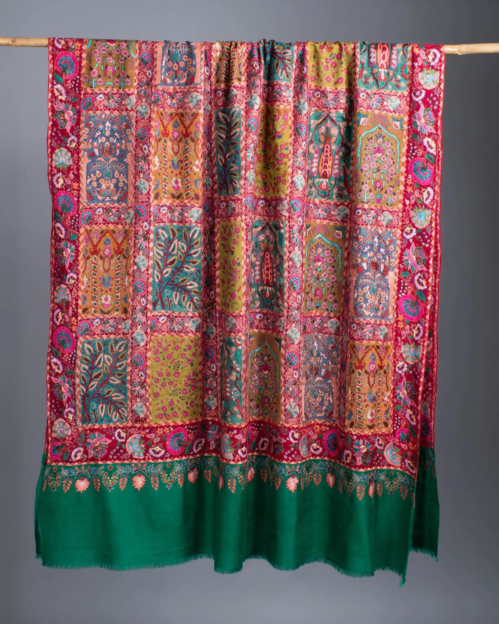 Green Red Artistic Wedding Jamavar Shawl - SUZANNE