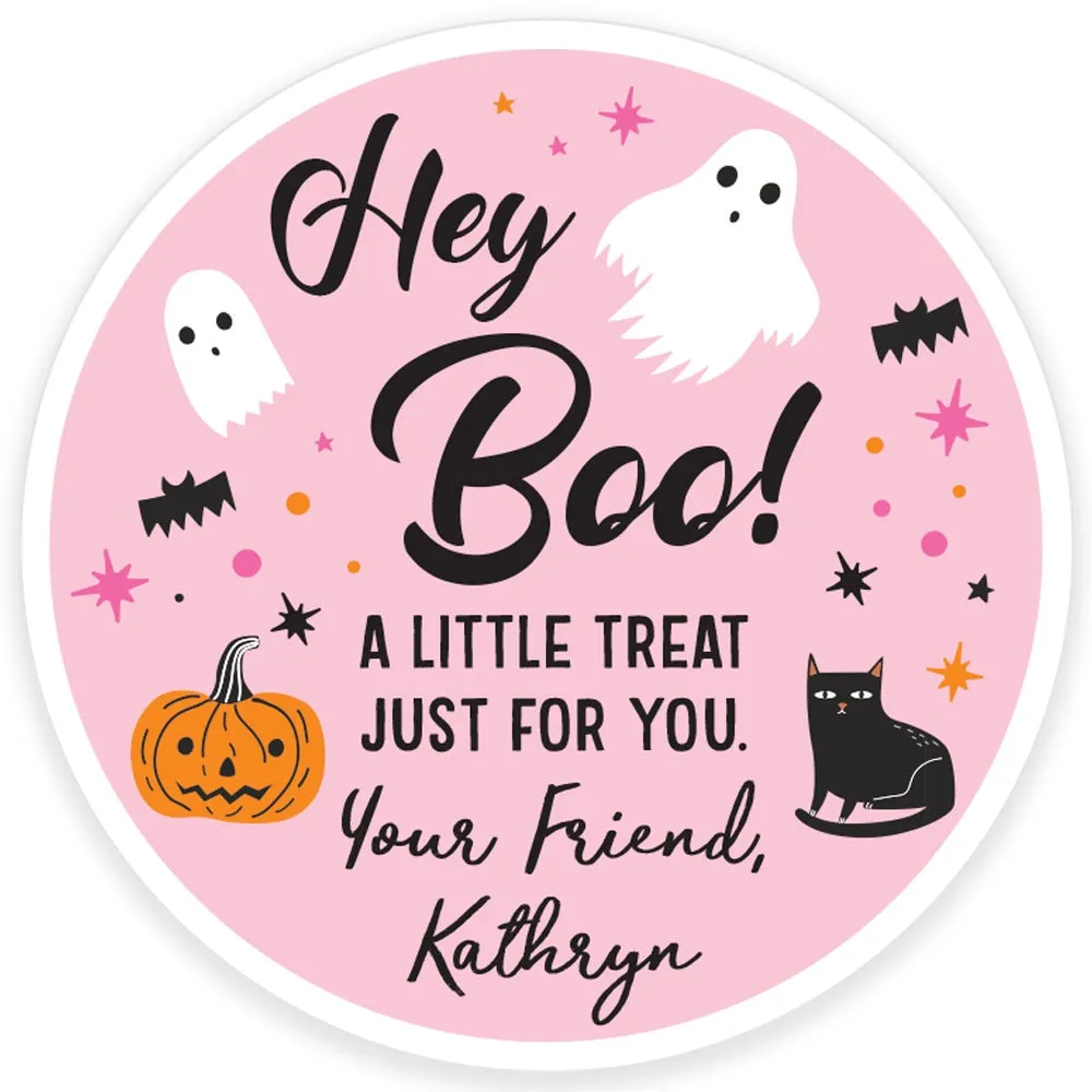 Halloween Party Treat Bag Stickers, Hey Boo Pink Halloween Stickers, School Halloween Favor Trick Or Treat Stickers, Class Treat - Set of 24