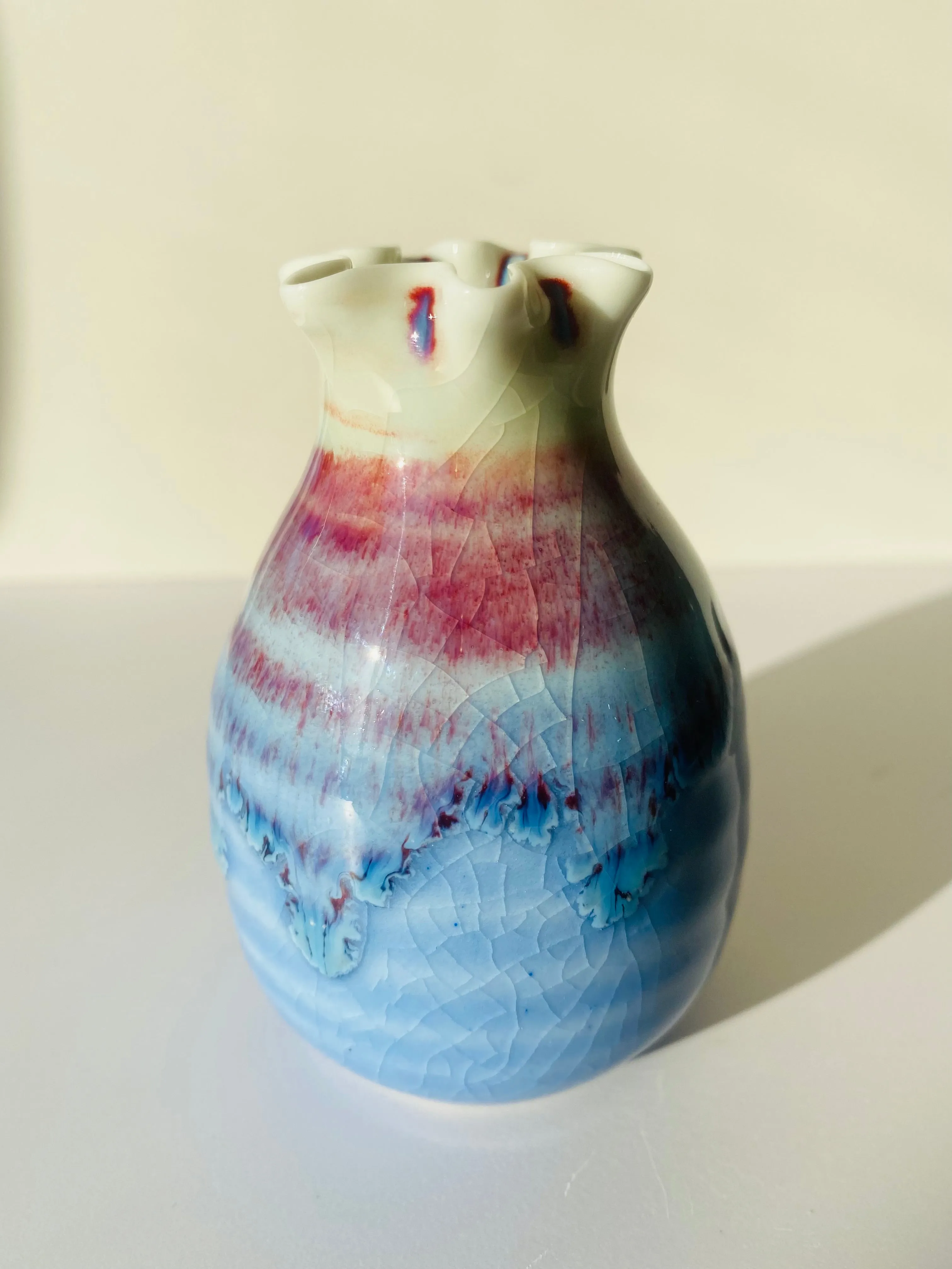 Handmade Blue Crackled Vases With Purple Drip Glaze