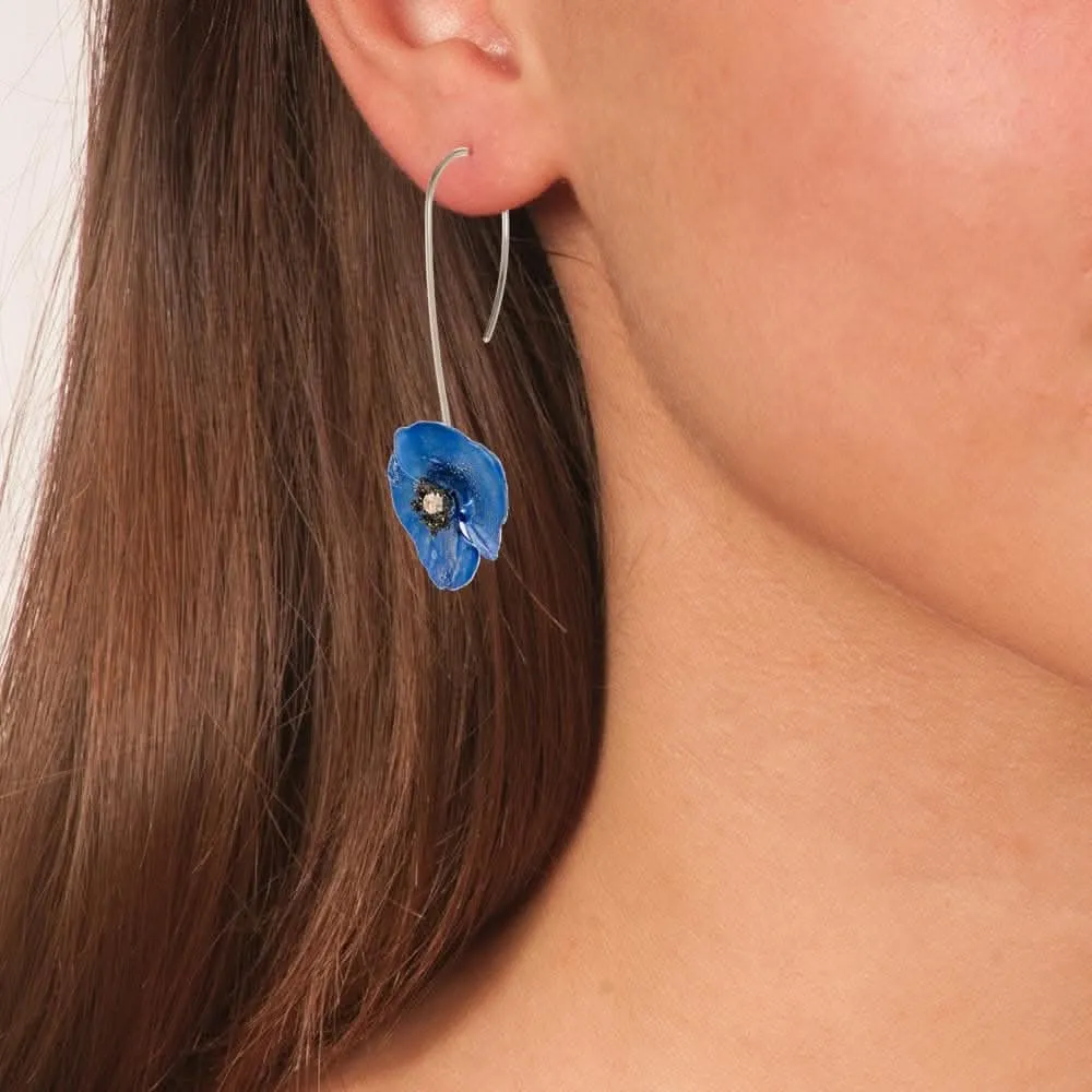 Handmade Sterling Silver Sky Blue Poppy Flower Drop Earrings