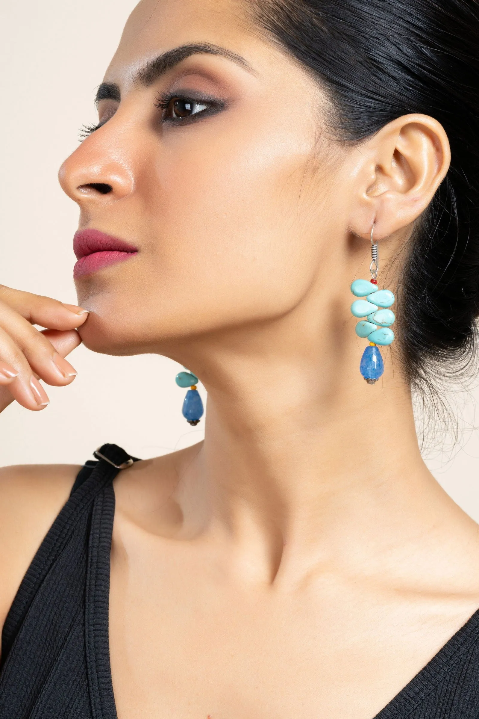 Handmade Turquoise Onyx Drop Earrings with Unique Semi-Precious Gemstones for Women