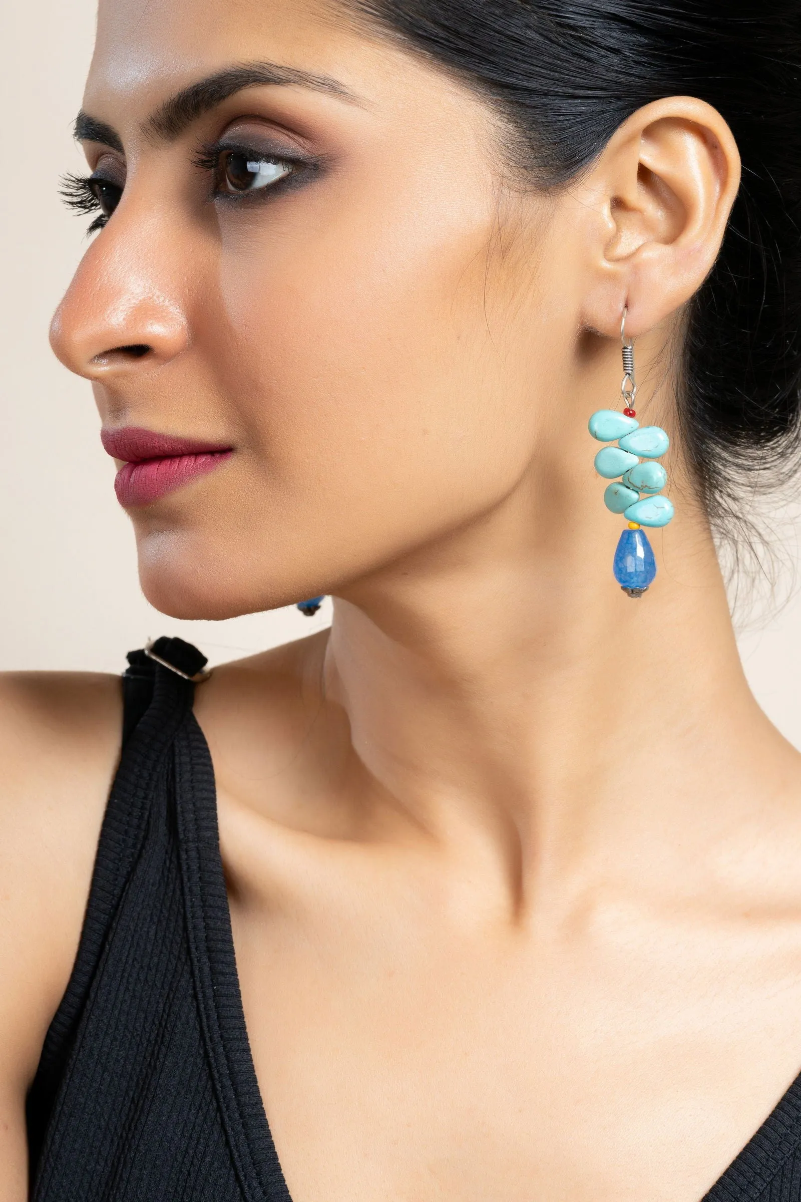 Handmade Turquoise Onyx Drop Earrings with Unique Semi-Precious Gemstones for Women