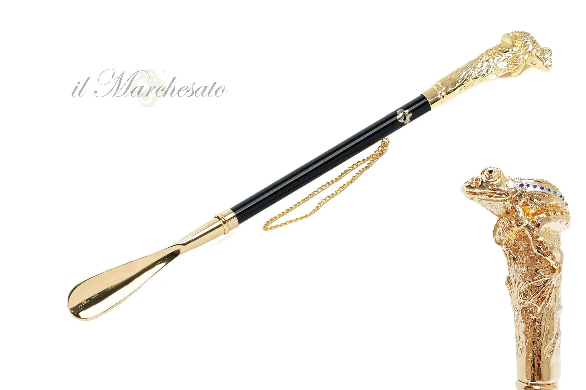 Leap into Luxury: Frog-Handled Shoehorn with Artistic Flair - Sapphire crystals