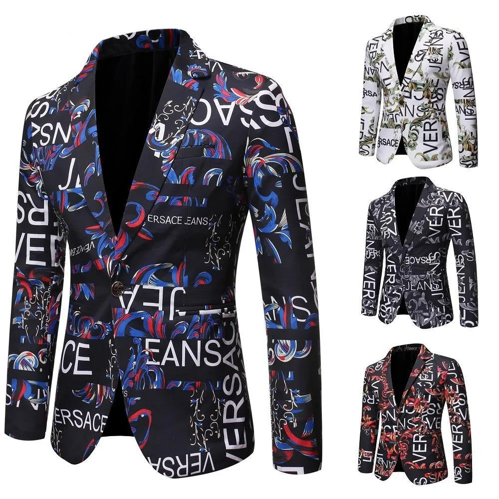 Men Long Sleeve Slim Fit Floral Print 1 Button Notch Blazer Jacket Coat | X07