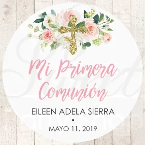 Mi Primera Comunión Spanish Thank You Favor Stickers, Girls Communion Favor Stickers, Bautizo Favors, Christening Pink Floral - Set of 24