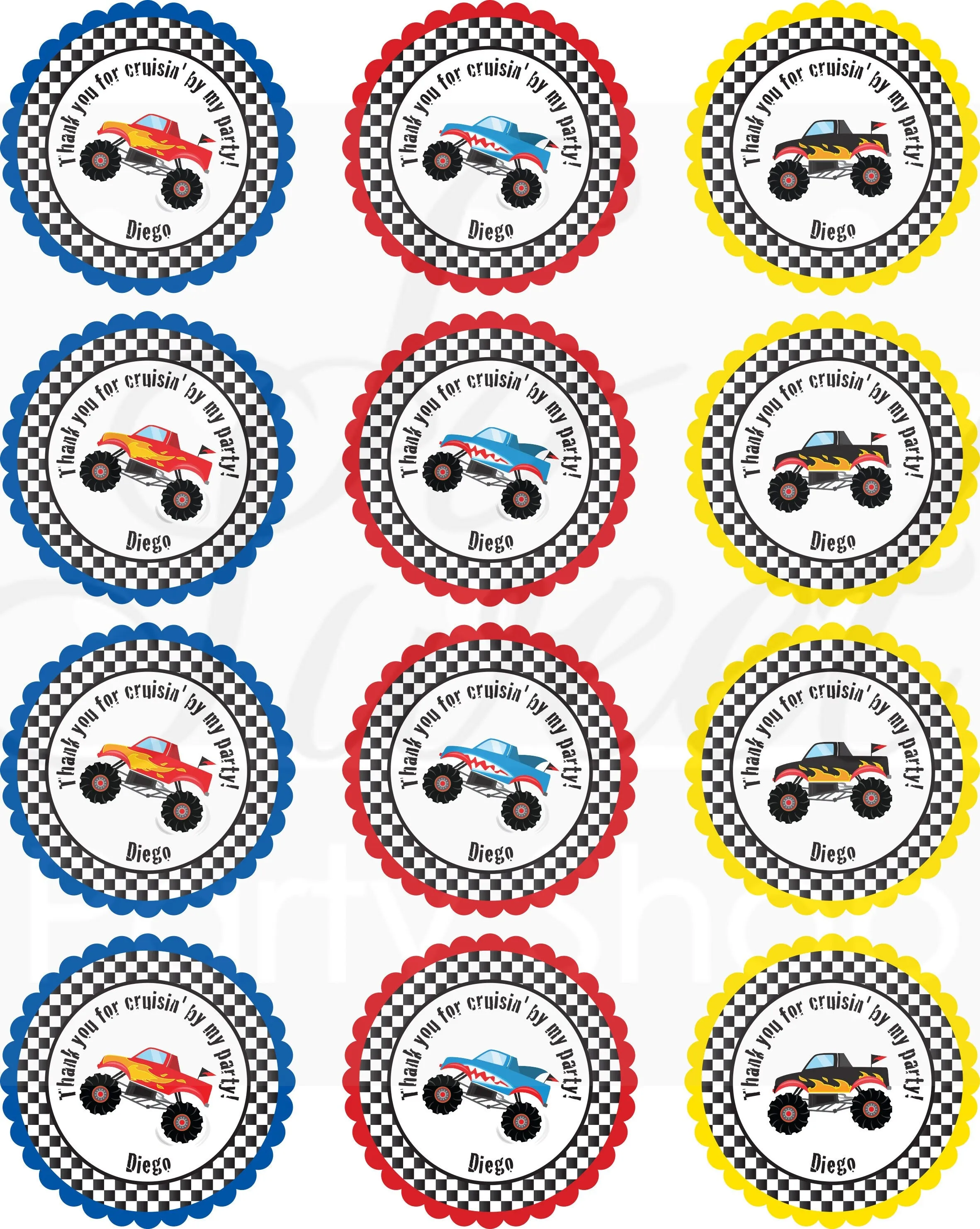 Monster Truck Birthday Party Favor Stickers, Racing Monster Trucks, Thank You Stickers, Boys Birthday Party, 1st Birthday Party - Set of 24