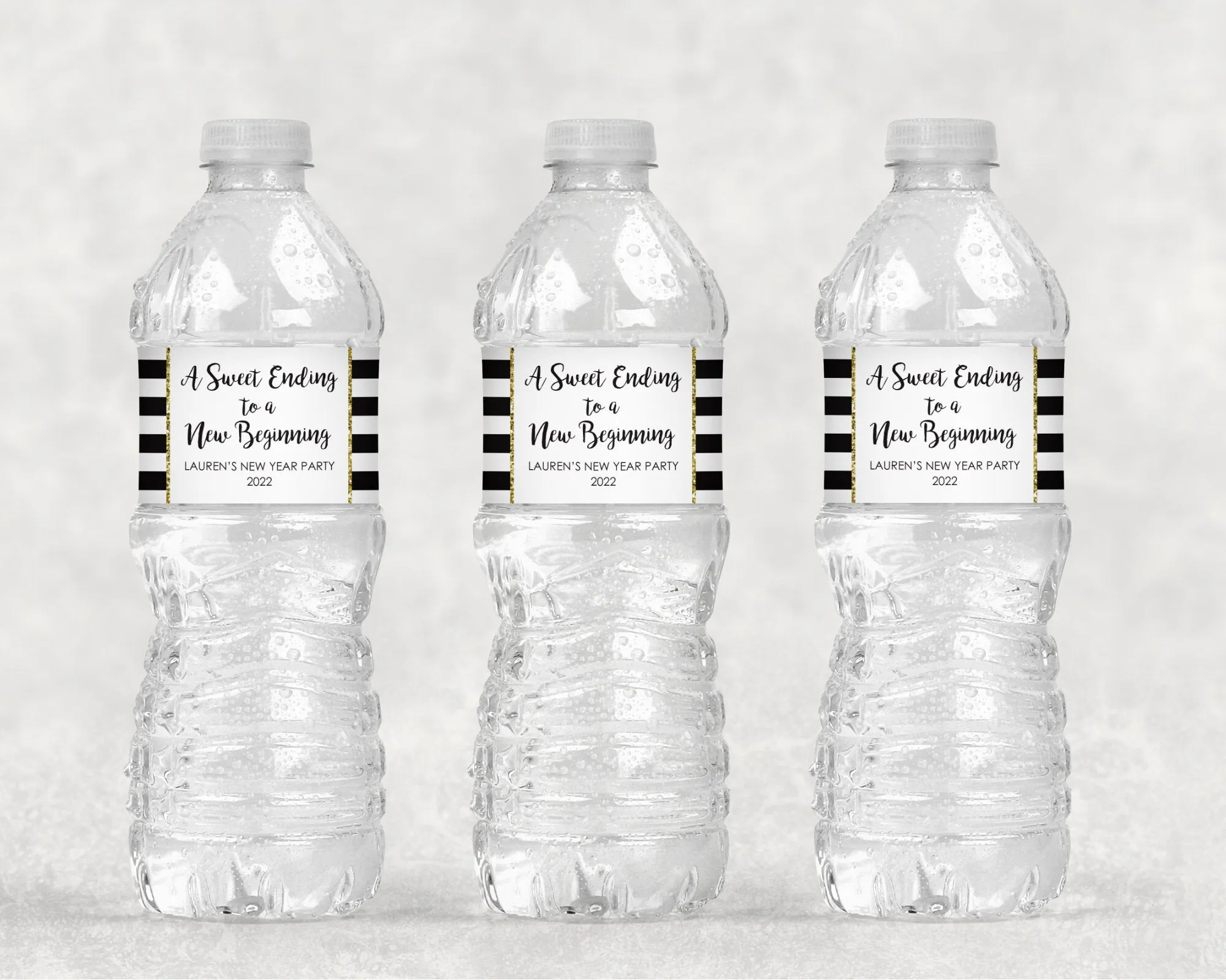 New Years Water Bottle Labels, New Years Eve Water Bottle Waterproof Labels, Sweet Ending New Beginning Gold Glitter Black - Set of 10