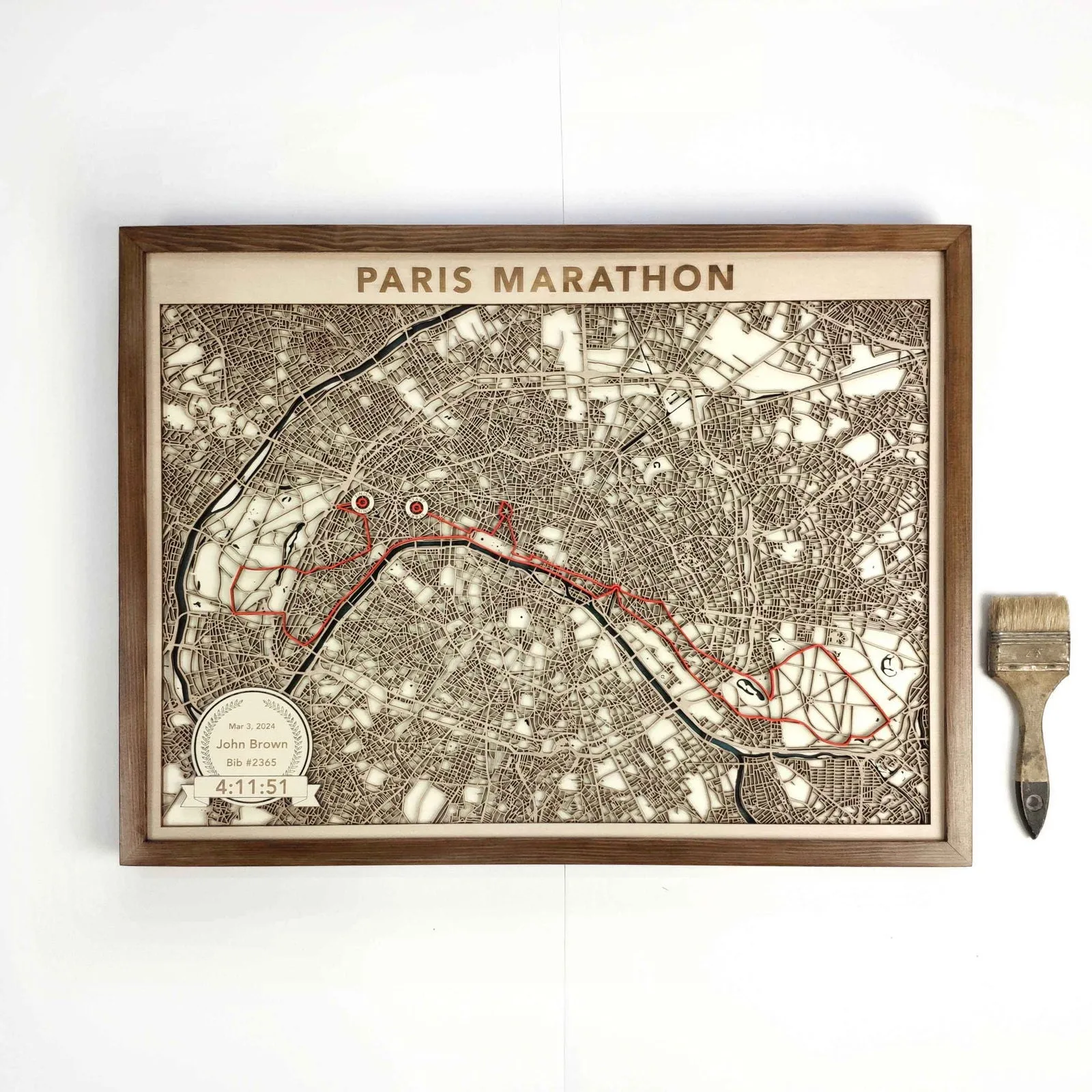 Paris Marathon Laser-Cut Wooden Map – Unique Runner Poster Gift