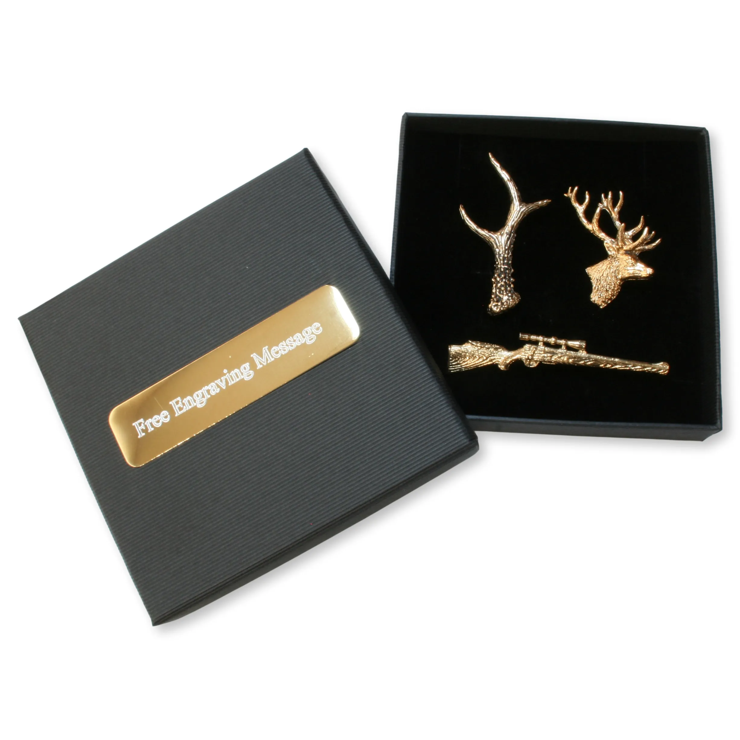 Set of 3 Gold Plated Hunting Lapel Stag Badges