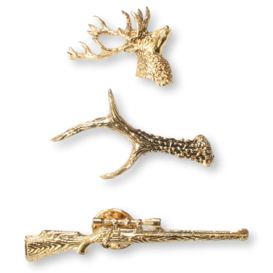 Set of 3 Gold Plated Hunting Lapel Stag Badges