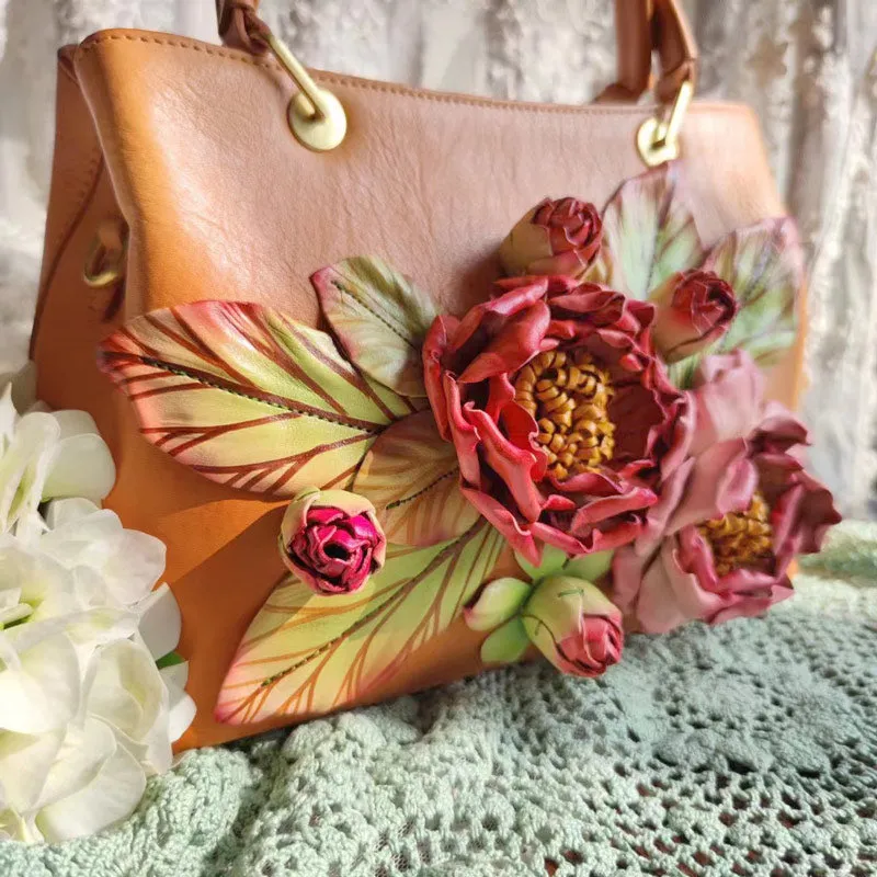 Vintage Handmade Three-Dimensional Peony Flower Handbag for Women